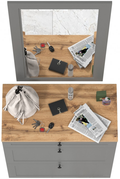 Остин 16.121 Тумба для обуви + 17.03 Зеркало, цвет серый графит/дуб крафт золотой, ШхГхВ 80х41,6х229 см.