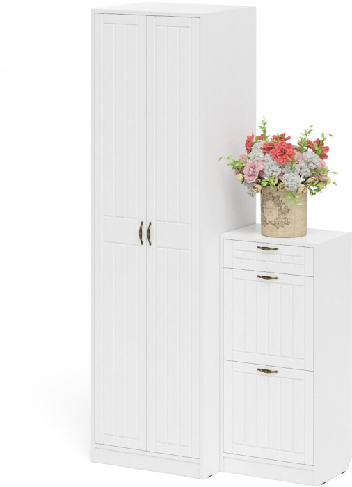 Прихожая П-6 Компоновка № 16, цвет белая шагрень/фасады МДФ белое дерево фрезеровка прованс, ШхГхВ 110х50х210 см., универсальная сборка