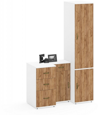 Лидер-8 Пенал МД 23Б + Тумба МД 3.15 + Тумба МД 3.16, цвет белый шагрень/крафт золото, ШхГхВ 120х50х190 см., универсальная сборка