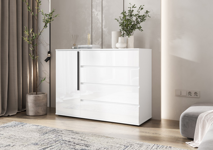 Норд Комод 1 дверь 4 ящика (1200), Белый/Белый глянец