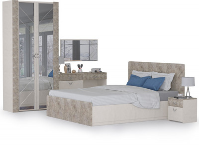 Амели Спальня № 8 Комод 13.106 + Стол туалетный + Зеркало + Шкаф 13.133 + Кровать 11.31 + под. ортопед + Тумбочка, 1600х2000 мм, б/м