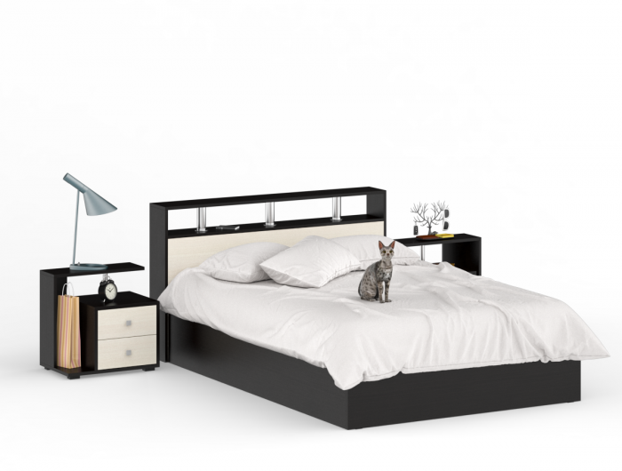 Камелия Кровать 1400 + две тумбы, цвет венге/дуб лоредо, ШхГхВ 256х217х78,2 см., сп.м. 1400х2000 мм., без матраса, основание есть