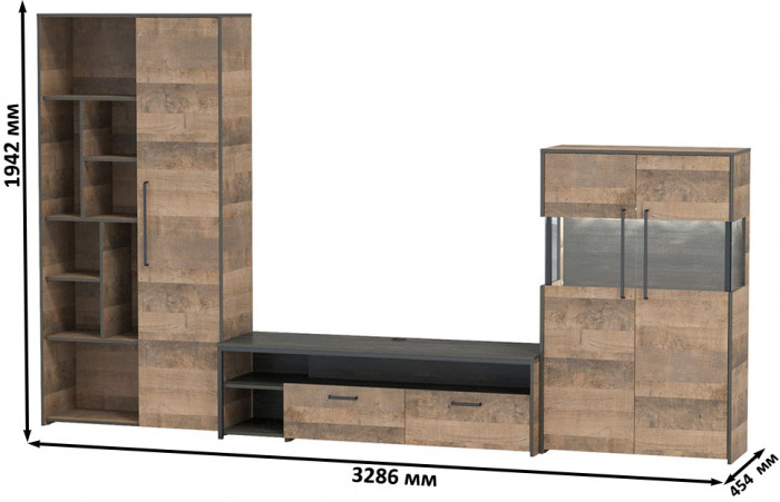 Трувор Гостиная 062, цвет дуб гранж песочный/интра, ШхГхВ 328,6х45,4х194,2 см., универсальная сборка