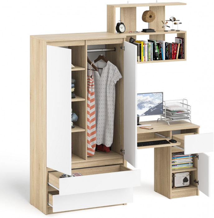 Мори компьютерный стол МС-1 правый + Шкаф МШ900.1 + Полка 900, дуб сонома/белый