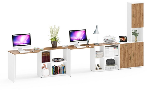 Лидер-8 Стол + Стол + Пенал + Тумба МД 3.15, цвет белый шагрень/крафт золото, ШхГхВ 410х50/30х75/190 см. или 230х50/160х75/190 см., НЕ универс. сборка