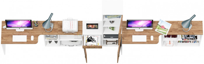 Лидер-8 Стол + Стол + Пенал + Тумба МД 3.15, цвет белый шагрень/крафт золото, ШхГхВ 410х50/30х75/190 см. или 230х50/160х75/190 см., НЕ универс. сборка