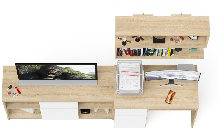 Мори Стол компьютерный МС-1 левый + Тумба МТВ1204.1 + Полка 900, цвет дуб сонома/белый, ШхГхВ 210,4х50х209,6 см., НЕ универсальная сборка