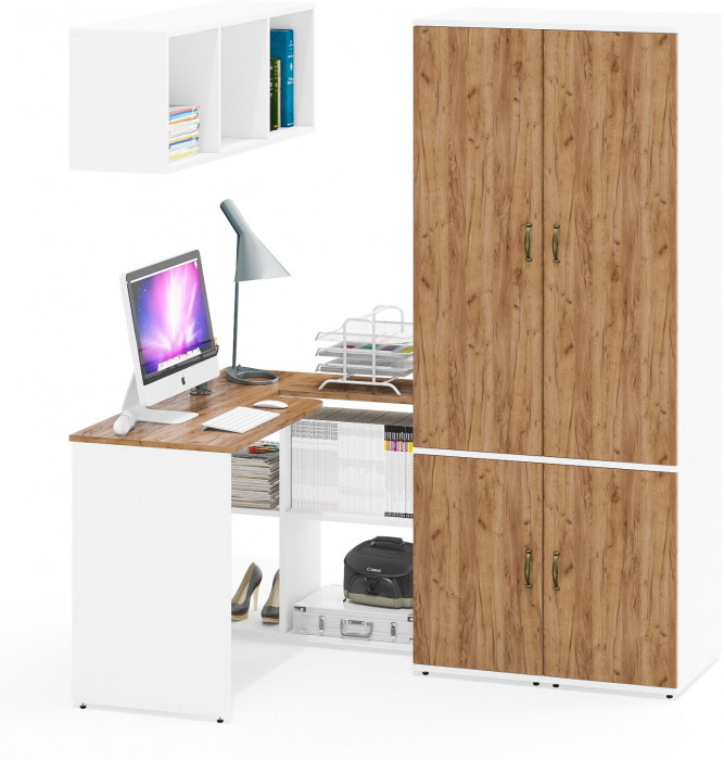 Лидер-8 Стол + Полка + Пенал МД 23Б + Пенал МД 23Б, белый шагрень/крафт золото