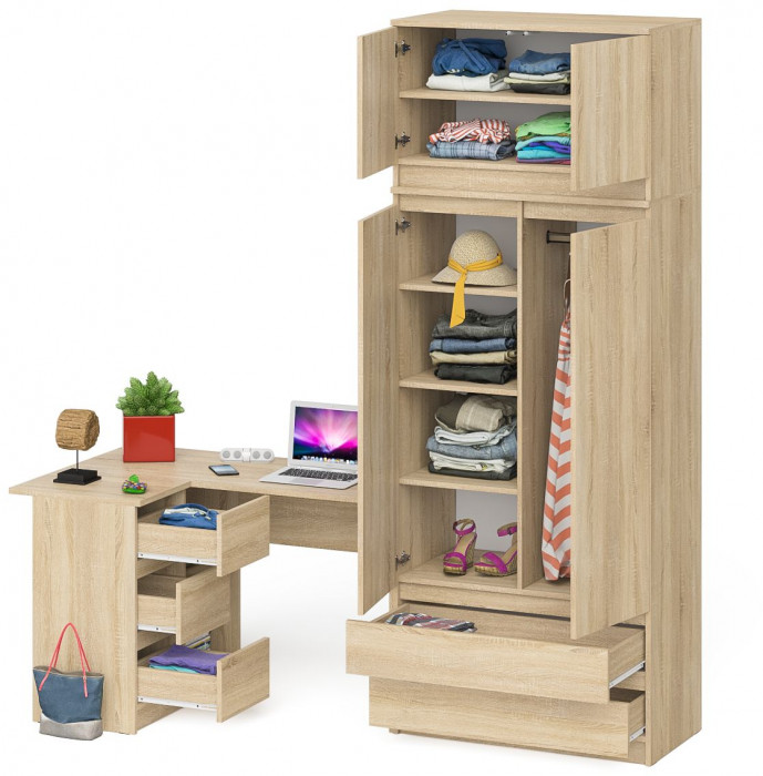 Мори компьютерный стол МС-16 левый + Шкаф МШ900.1 + Антресоль МА900.1, дуб сонома