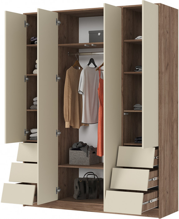 РЕЙН ШК 03 Шкаф 4-х створчатый (1600х2100х500) Фасад КАШЕМИР/Корпус ДУБ КРАФТ ТАБАЧНЫЙ