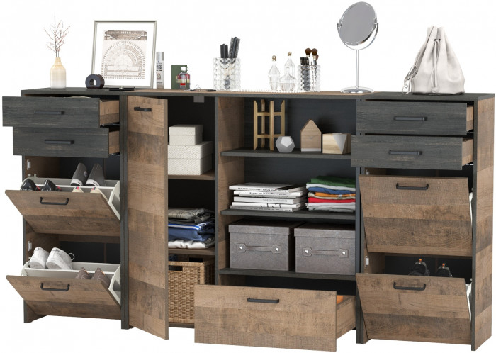 Трувор 13.241.06 Тумба для обуви + 13.307.01 Комод + 13.241.06 Тумба для обуви, цвет дуб гранж песочный/интра, ШхГхВ 209х37х106,9 см., универс. сборка