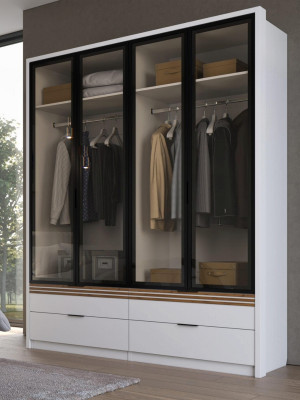 Шкаф-витрина 4-х створчатый с ящиками, Белый/Профиль МДФ Дуб вотан