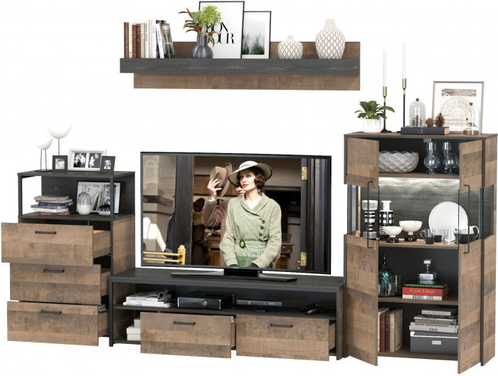 Трувор Гостиная 065, цвет дуб гранж песочный/интра, ШхГхВ 301,6х45,4х195 см., универсальная сборка