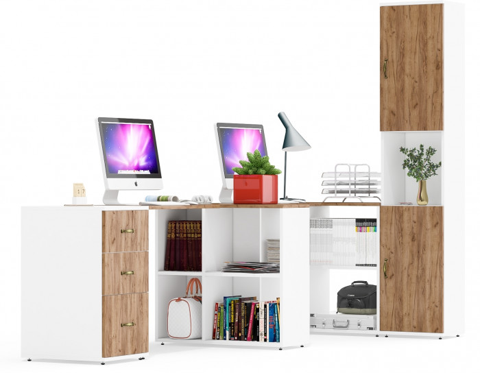 Лидер-8 Стол + Стол + Пенал + Тумба МД 3.16, цвет белый шагрень/крафт золото, ШхГхВ 410х50/30х75/190 см. или 230х50/160х75/190 см., НЕ универс. сборка