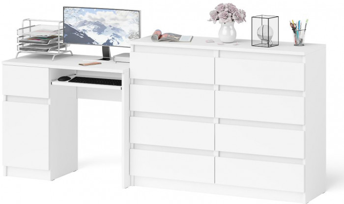Мори Стол компьютерный МС-1 левый + Комод МК1200.8, цвет белый, ШхГхВ 210,4х50х94 см., выдвижной ящик слева, НЕ универсальная сборка