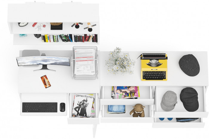 Мори Стол компьютерный МС-1 правый + Комод МК1200.6 + Полка 900, цвет белый, ШхГхВ 210,4х50х209,6 см., НЕ универсальная сборка