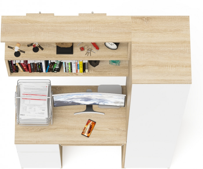 Мори компьютерный стол МС-1 левый + Пенал МШ400.1 + Полка 900, дуб сонома/белый