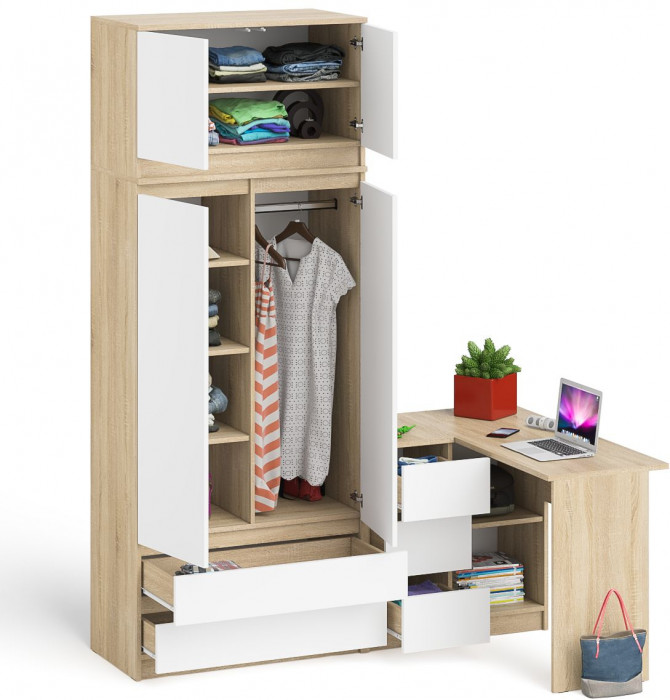 Мори компьютерный стол МС-16 левый + Шкаф МШ900.1 + Антресоль МА900.1, дуб сонома/белый