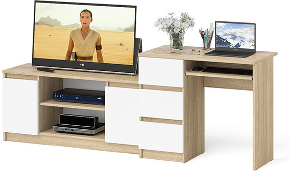 Мори компьютерный стол МС-6 левый + Тумба МТВ1200.1, дуб сонома/белый