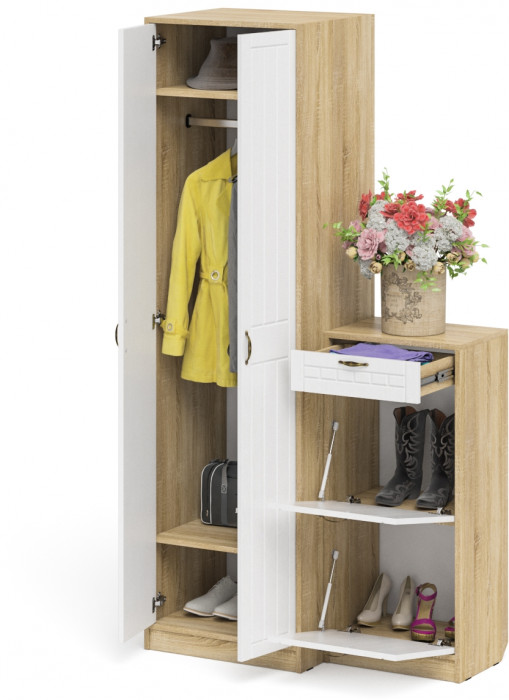 Прихожая П-6 Компоновка № 16, цвет дуб сонома/фасады МДФ белое дерево фрезеровка прованс, ШхГхВ 110х50х210 см., универсальная сборка