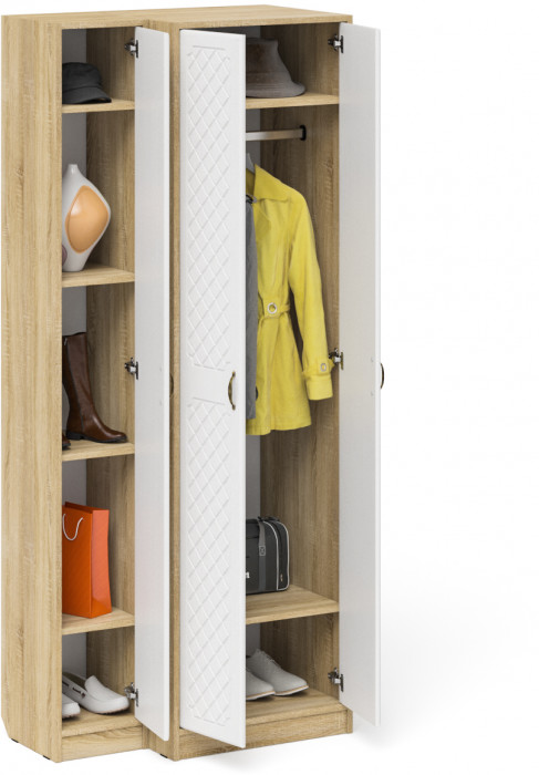 Прихожая П-6 Шкаф + Пенал, цвет дуб сонома/фасады МДФ белое дерево фрезеровка ромб, ШхГхВ 90х50х210 см., универсальная сборка