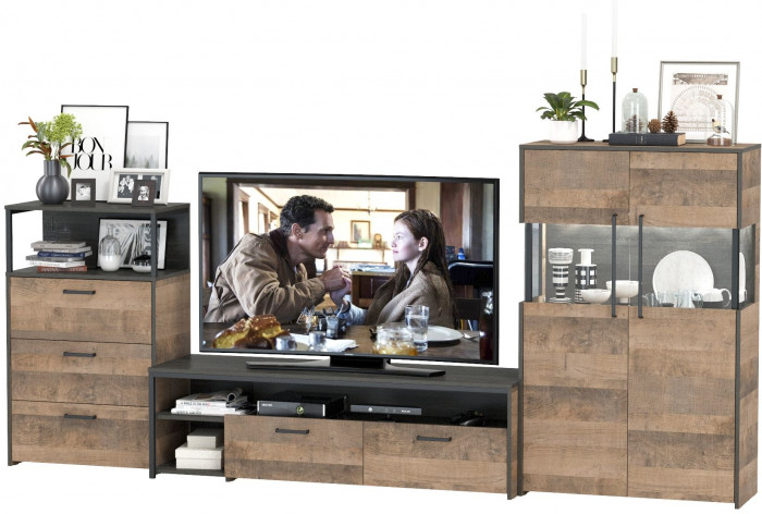 Трувор Гостиная 066, цвет дуб гранж песочный/интра, ШхГхВ 301,6х45,4х135,3 см., универсальная сборка