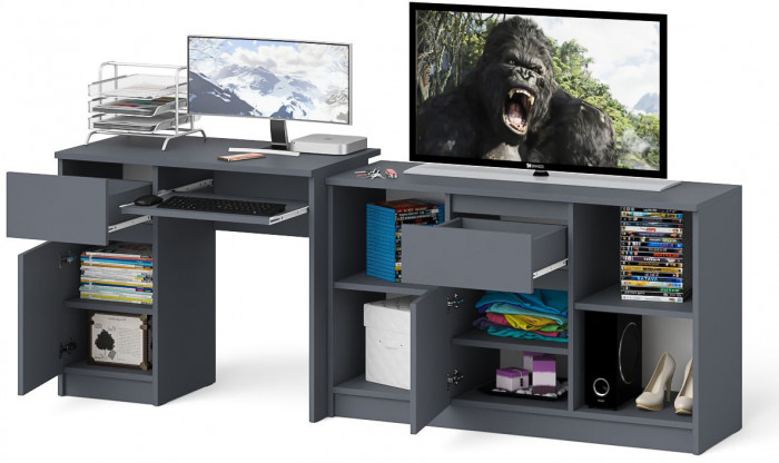 Мори Стол компьютерный МС-1 левый + Тумба МТВ1204.1, цвет графит, ШхГхВ 210,4х50х76,6 см., выдвижной ящик слева, НЕ универсальная сборка
