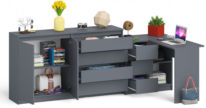 Мори Стол компьютерный МС-16 левый + Комод МК1600.1, цвет графит, ШхГхВ 284,8х84,9х94 см., выдвижные ящики слева, НЕ универсальная сборка