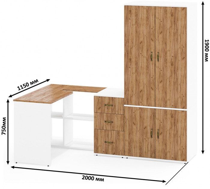 Лидер-8 Стол + Тумба МД 3.16 + Шкаф МД 19Б, белый шагрень/крафт золото