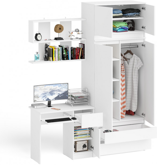 Мори компьютерный стол МС-1 правый + Шкаф МШ900.1 + Антресоль МА900.1 + Полка 900, белый