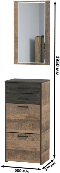 Трувор 13.241.06 Тумба для обуви + 15.30 Зеркало, цвет дуб гранж песочный/интра, ШхГхВ 50х37х195 см.