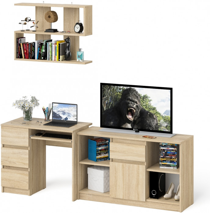 Мори компьютерный стол МС-6 левый + Тумба МТВ1204.1 + Полка 900, дуб сонома