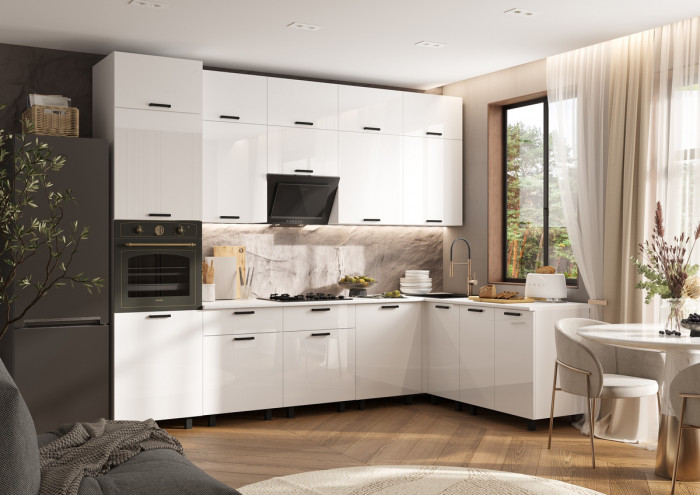 Кухня Техно 3,0х1,8/1080м Компоновка №6, Белый/Белый глянец