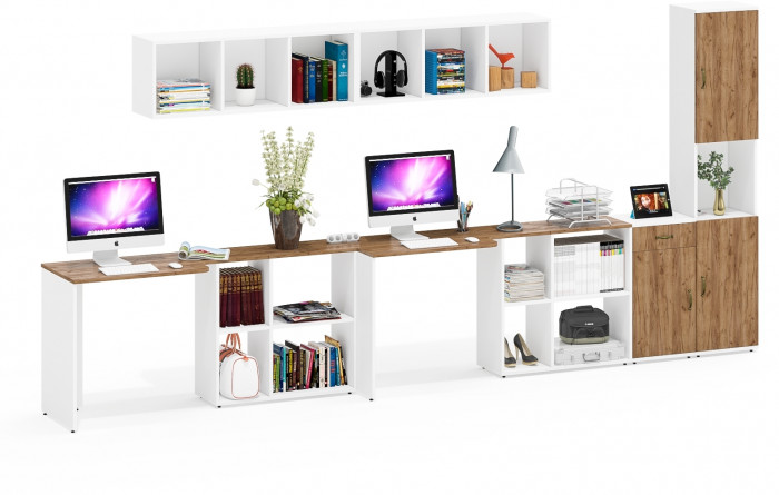 Лидер-8 Стол + Полка + Стол + Полка + Пенал + Тумба МД 3.15, белый шагрень/крафт золото