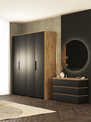 Шкаф для одежды 4-х дверный "Ривьера" - Дуб наварра/Шагрень черная