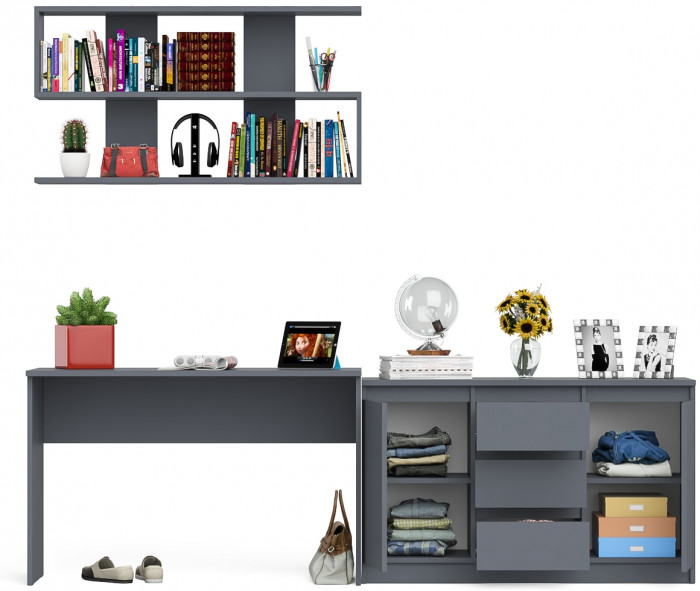 Мори Стол письменный МСП1200.1 + Комод МК1200.3 + Полка 1200, цвет графит, ШхГхВ 240,8х50х209,6 см., универсальная сборка