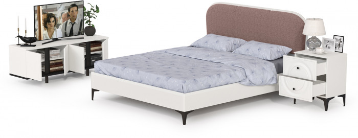 Валенсия Спальня № 12, цвет ЛДСП белый шагрень/чёрный/МДФ белый шагрень/ткань велутто 19, ортопед есть, сп. м. 1600х2000 мм., б/м