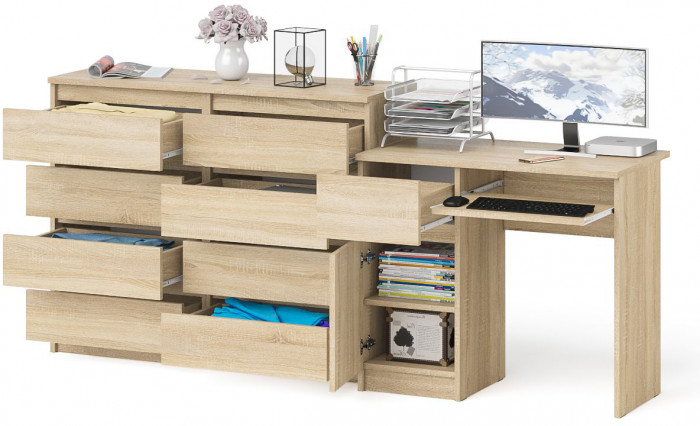 Мори Стол компьютерный МС-1 левый + Комод МК1200.8, цвет дуб сонома, ШхГхВ 210,4х50х94 см., выдвижной ящик слева, НЕ универсальная сборка