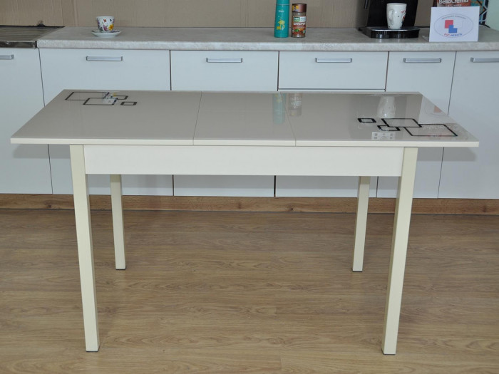 Альфа фотопечать стол обеденный раздвижной / квадраты на бежевом/дуб молочный/бежевый