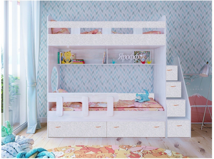 Двухъярусная кровать Юниор 1 + бортик Юниор (Белое дерево/Лайм / Ирис)