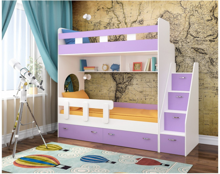 Двухъярусная кровать Юниор 1 + бортик Юниор (Белое дерево/Лайм / Ирис)