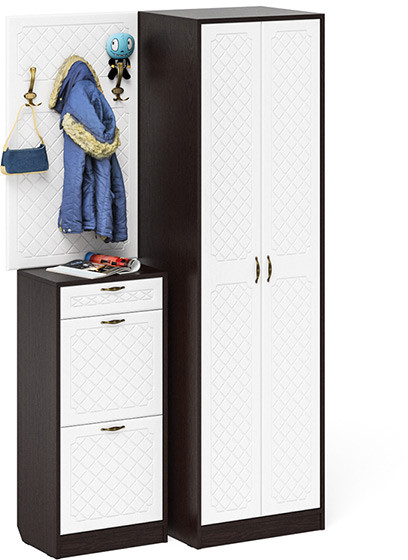 Прихожая П-6 Компоновка № 18, цвет венге/фасады МДФ белое дерево фрезеровка ромб, ШхГхВ 120х50х210 см., универсальная сборка