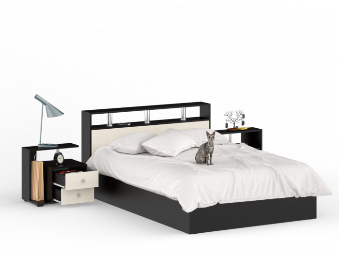 Камелия Кровать 1400 + две тумбы, цвет венге/дуб лоредо, ШхГхВ 256х217х78,2 см., сп.м. 1400х2000 мм., без матраса, основание есть