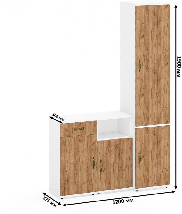 Лидер-8 Пенал МД 21Б + Тумба МД 3.15 + Тумба МД 3.19, цвет белый шагрень/крафт золото, ШхГхВ 120х37,5х190 см., универсальная сборка