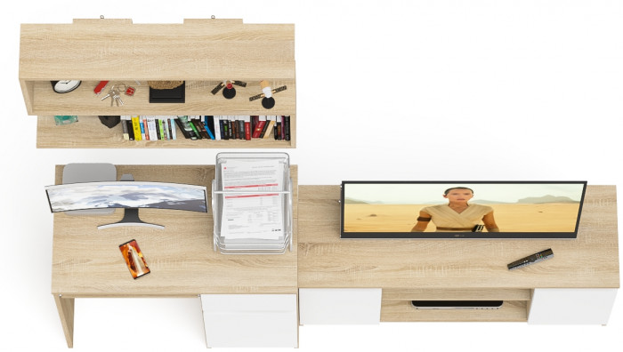 Мори Стол компьютерный МС-1 правый + Тумба МТВ1200.1 + Полка 900, цвет дуб сонома/белый, ШхГхВ 210,4х50х209,6 см., НЕ универсальная сборка