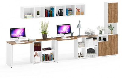 Лидер-8 Стол + Полка + Стол + Полка + Пенал + Тумба МД 3.19, белый шагрень/крафт золото