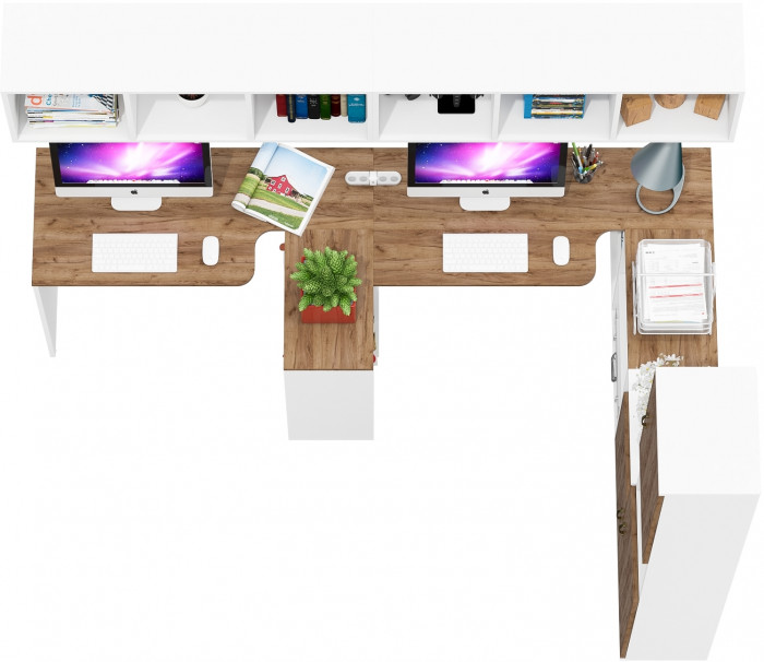 Лидер-8 Стол + Полка + Стол + Полка + Пенал + Тумба МД 3.19, белый шагрень/крафт золото