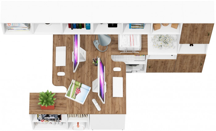 Лидер-8 Стол + Полка + Стол + Полка + Пенал + Тумба МД 3.19, белый шагрень/крафт золото