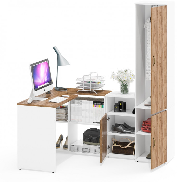 Лидер-8 Стол + Тумба МД 3.19 + Пенал МД 21Б, белый шагрень/крафт золото