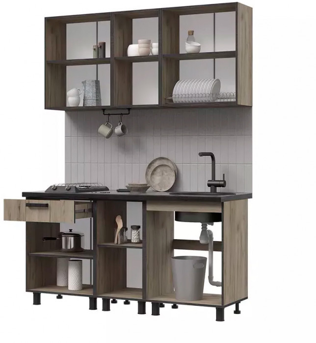 Кухня Эдинбург 1.6 Фасад ЖЕЛЕЗНЫЙ КАМЕНЬ/Корпус ДУБ КРАФТ СЕРЫЙ